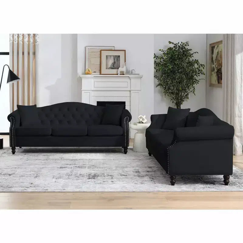 Divano Chesterfield 3 posti in velluto nero da 79 pollici con design trapuntato - Divano a 3 posti con braccioli arrotolati e finiture borchiate per il soggiorno (3S+3S)