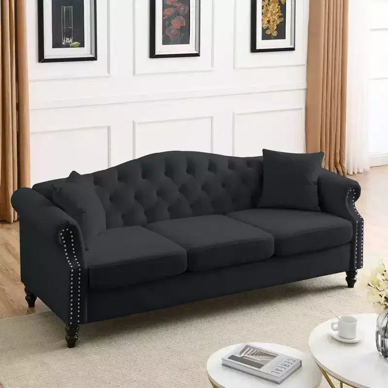 Divano Chesterfield 3 posti in velluto nero da 79 pollici con design trapuntato - Divano a 3 posti con braccioli arrotolati e finiture borchiate per il soggiorno (3S+3S)