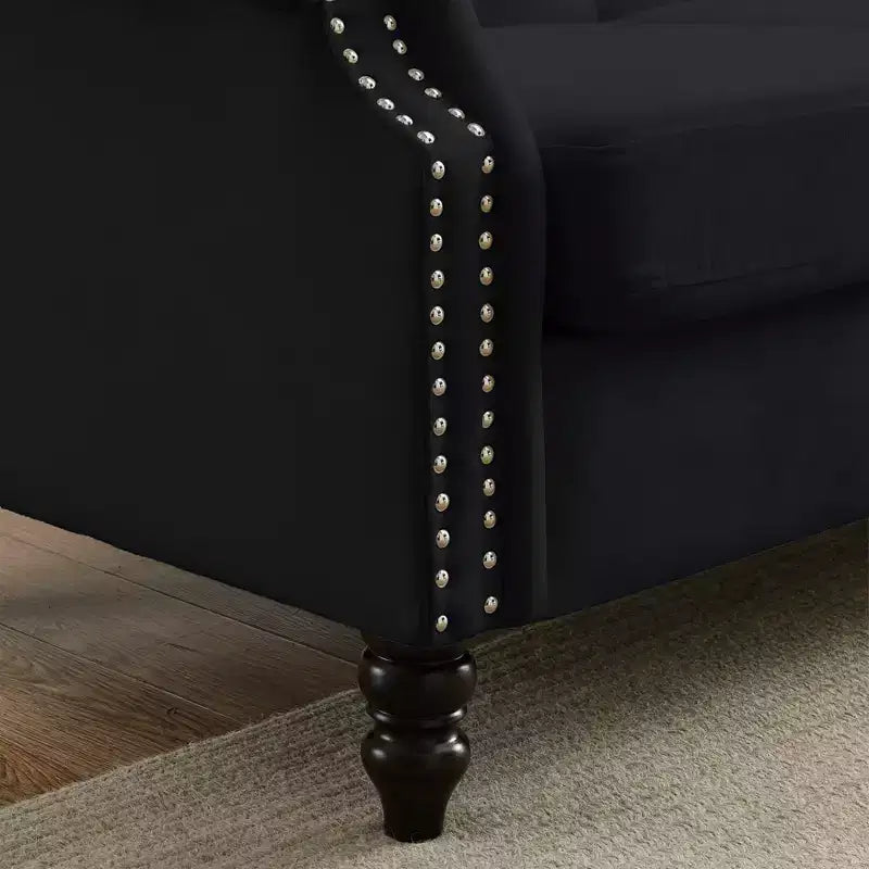 Divano Chesterfield 3 posti in velluto nero da 79 pollici con design trapuntato - Divano a 3 posti con braccioli arrotolati e finiture borchiate per il soggiorno (3S+3S)