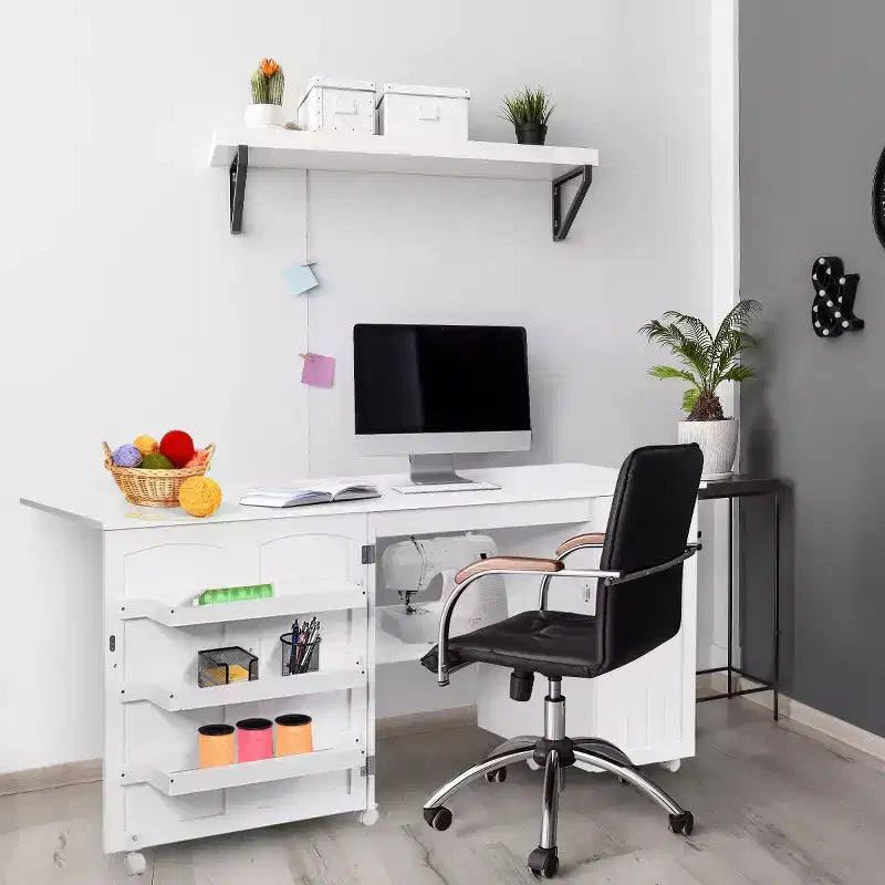 Costway Tavolo da Cucito Pieghevole con Scaffali Mobiletto Contenitore Carrello Artigianale con Ruote Grande
