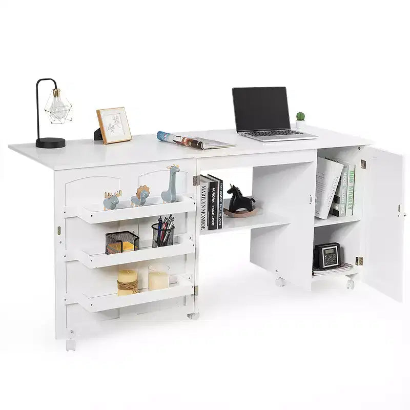 Costway Tavolo da Cucito Pieghevole con Scaffali Mobiletto Contenitore Carrello Artigianale con Ruote Grande