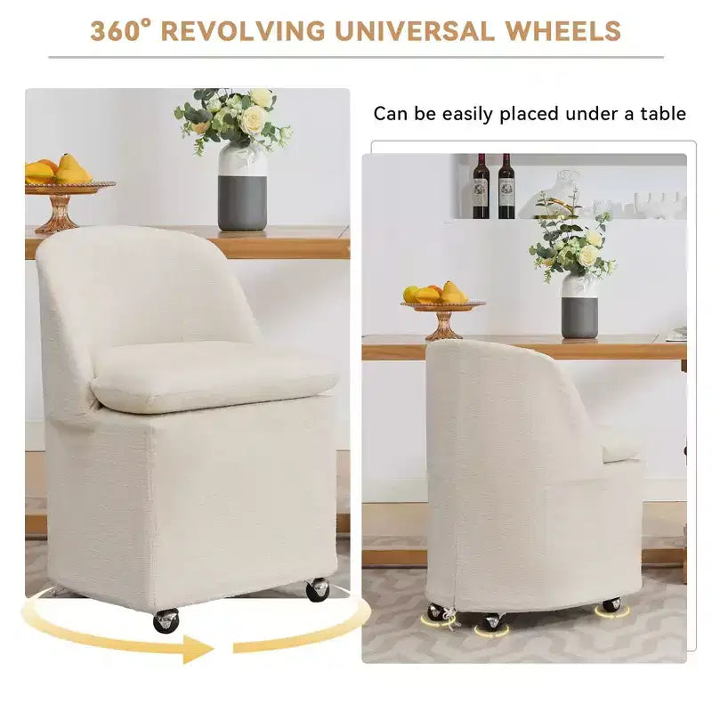 Set di 2 sedie da pranzo in tessuto ciniglia con ruote universali, Beige