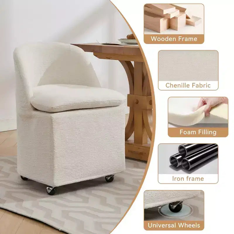 Set di 2 sedie da pranzo in tessuto ciniglia con ruote universali, Beige