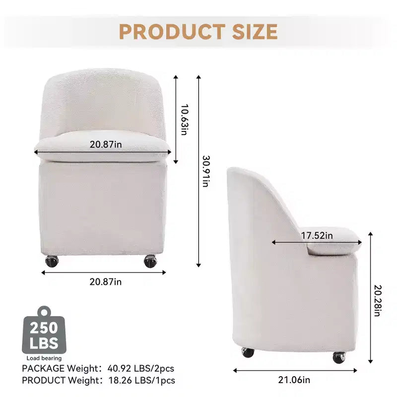 Set di 2 sedie da pranzo in tessuto ciniglia con ruote universali, Beige