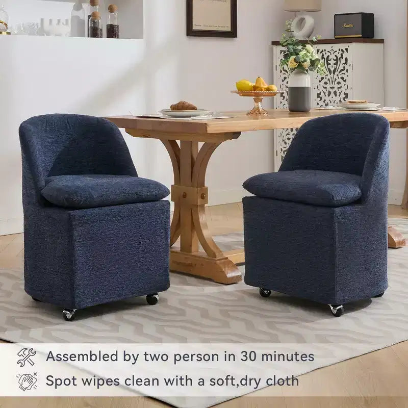 Set di 2 sedie da pranzo in tessuto ciniglia con ruote universali, Beige