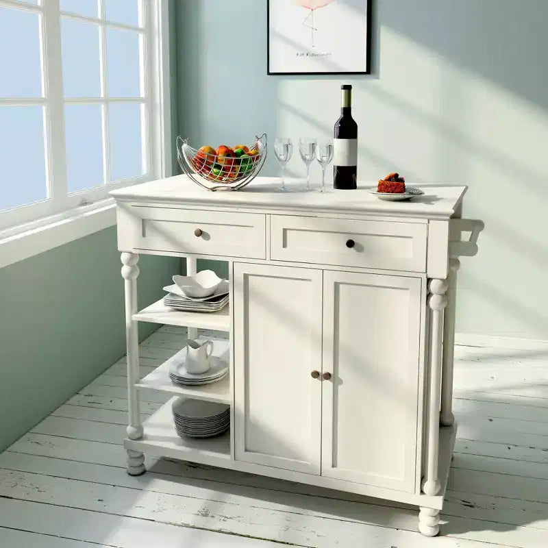 eHemco Euro Isola Cucina in Legno con Mobiletto Contenitore, 2 Cassetti e 3 Ripiani Aperti, Bianco