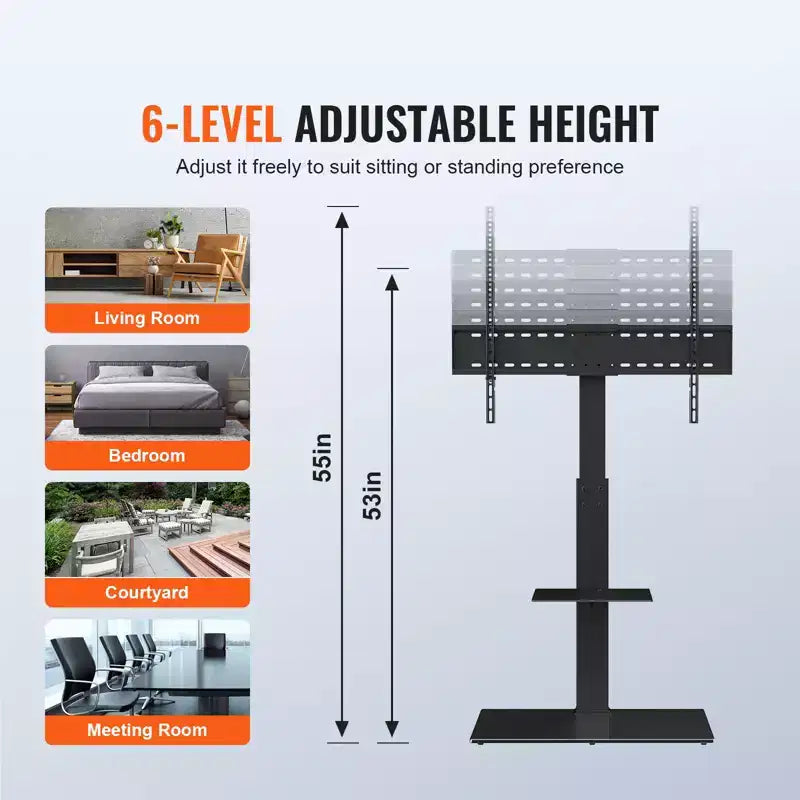 VEVOR Supporto per TV, Supporto TV Girevole Alto per TV da 32 a 85 pollici, Supporto TV da Pavimento Portatile Regolabile in Altezza con Base in Vetro Temperato