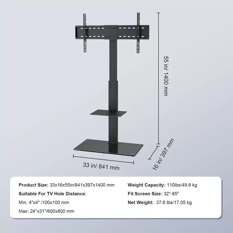 VEVOR Supporto per TV, Supporto TV Girevole Alto per TV da 32 a 85 pollici, Supporto TV da Pavimento Portatile Regolabile in Altezza con Base in Vetro Temperato