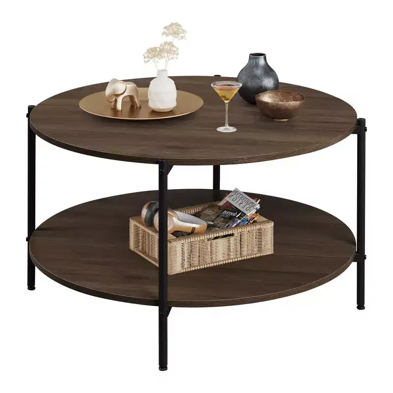Tavolino da Caffè Rotondo da 32.6" con Ripiano Aperto, Tavolino da Salotto Industriale Circolare in Legno a 2 Livelli