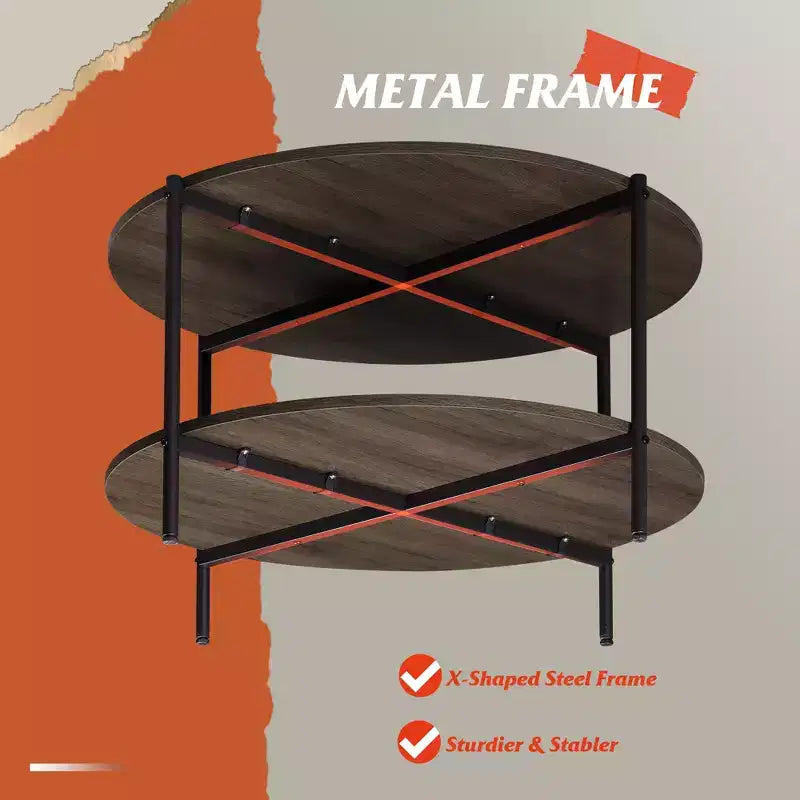 Tavolino da Caffè Rotondo da 32.6" con Ripiano Aperto, Tavolino da Salotto Industriale Circolare in Legno a 2 Livelli