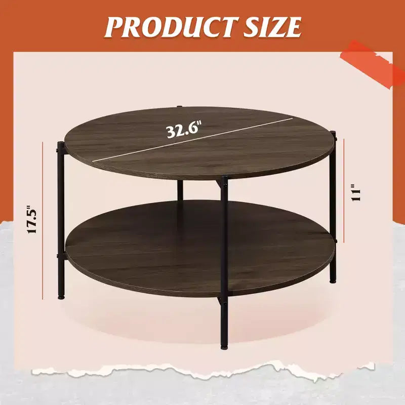 Tavolino da Caffè Rotondo da 32.6" con Ripiano Aperto, Tavolino da Salotto Industriale Circolare in Legno a 2 Livelli