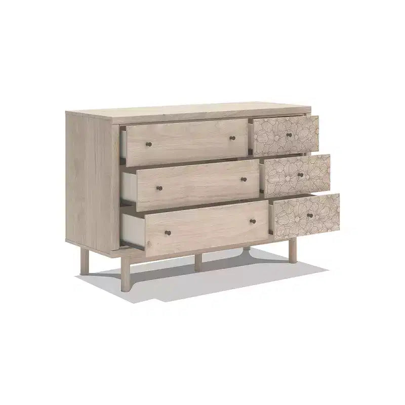 Signature Design by Ashley Birkmore Cassettiera a 6 cassetti, Finitura Rovere Chiaro con Dettagli Floreali, Tan