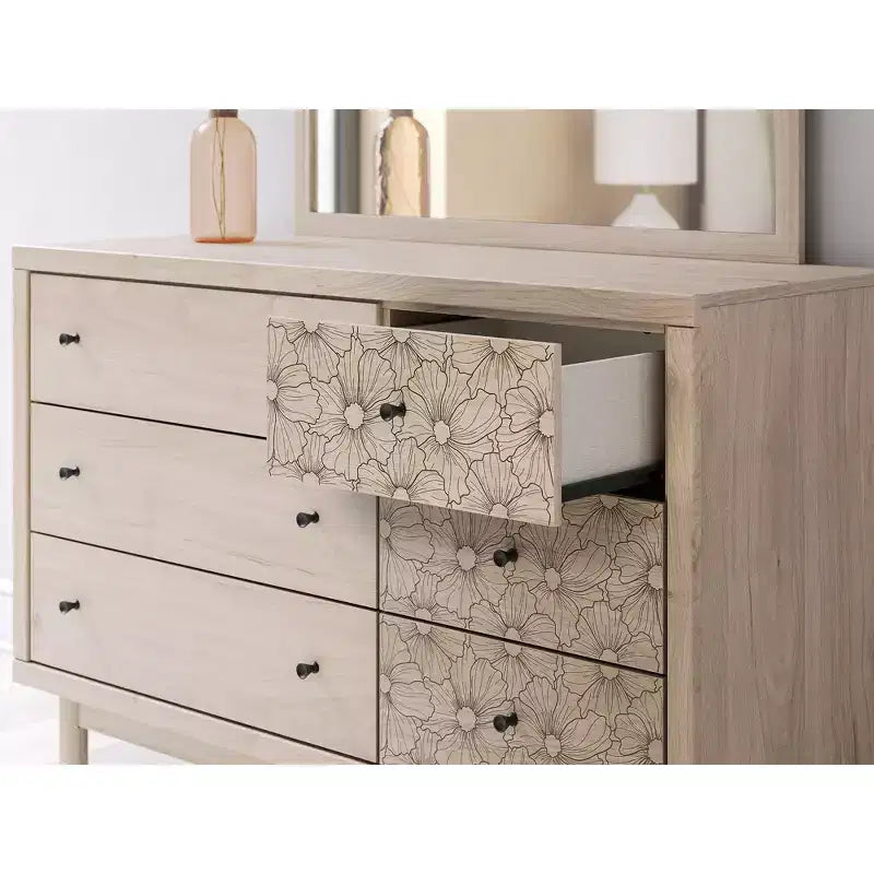 Signature Design by Ashley Birkmore Cassettiera a 6 cassetti, Finitura Rovere Chiaro con Dettagli Floreali, Tan