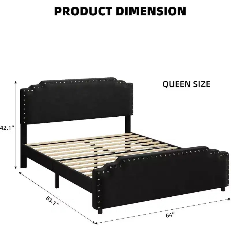 Struttura Letto, Letto a Piattaforma Imbottito in Velluto con Testiera Decorativa Rivettata, Nessuna Rete a Molle, Silenzioso, Facile da Montare