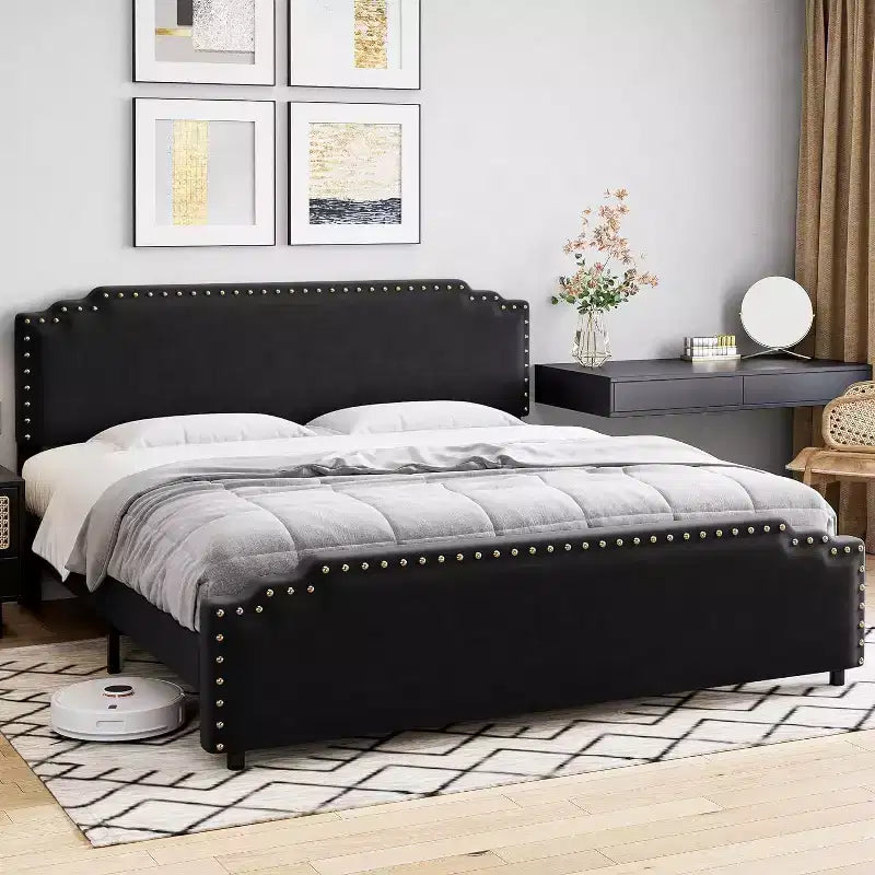 Struttura Letto, Letto a Piattaforma Imbottito in Velluto con Testiera Decorativa Rivettata, Nessuna Rete a Molle, Silenzioso, Facile da Montare