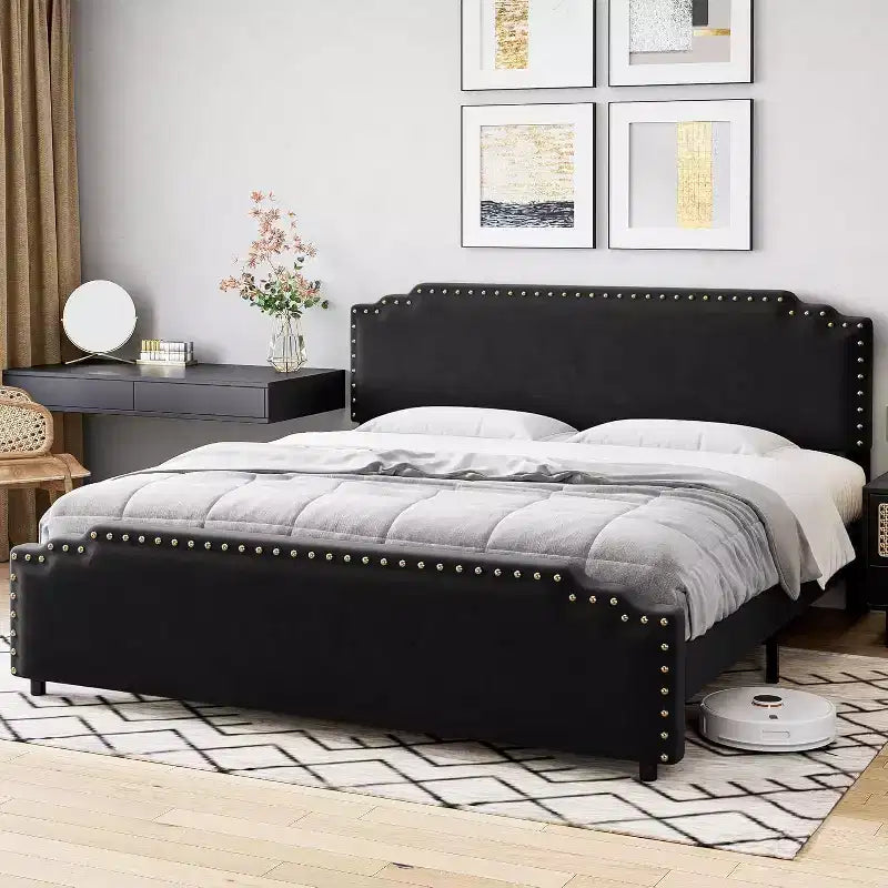 Struttura Letto, Letto a Piattaforma Imbottito in Velluto con Testiera Decorativa Rivettata, Nessuna Rete a Molle, Silenzioso, Facile da Montare