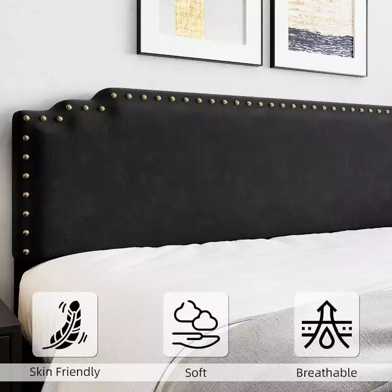 Struttura Letto, Letto a Piattaforma Imbottito in Velluto con Testiera Decorativa Rivettata, Nessuna Rete a Molle, Silenzioso, Facile da Montare