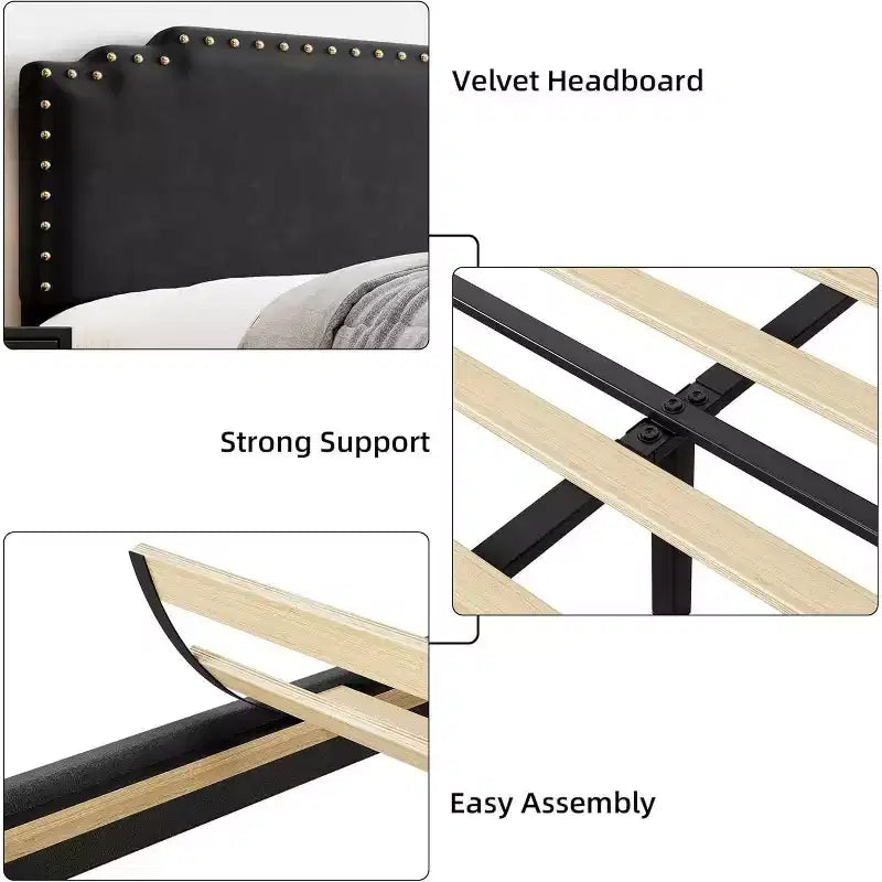Struttura Letto, Letto a Piattaforma Imbottito in Velluto con Testiera Decorativa Rivettata, Nessuna Rete a Molle, Silenzioso, Facile da Montare