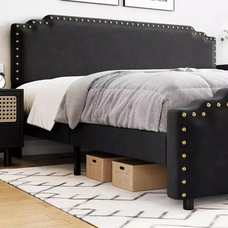 Struttura Letto, Letto a Piattaforma Imbottito in Velluto con Testiera Decorativa Rivettata, Nessuna Rete a Molle, Silenzioso, Facile da Montare