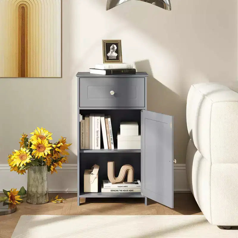 Mobile contenitore da pavimento Costway, organizer per bagno con armadietto e cassetto, mensola per asciugamani, bianco/grigio/nero