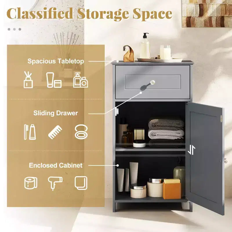 Mobile contenitore da pavimento Costway, organizer per bagno con armadietto e cassetto, mensola per asciugamani, bianco/grigio/nero