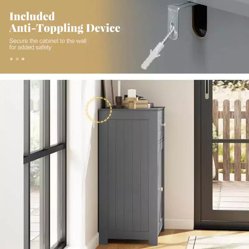 Mobile contenitore da pavimento Costway, organizer per bagno con armadietto e cassetto, mensola per asciugamani, bianco/grigio/nero