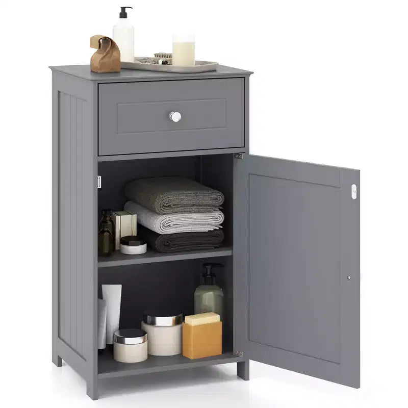 Mobile contenitore da pavimento Costway, organizer per bagno con armadietto e cassetto, mensola per asciugamani, bianco/grigio/nero