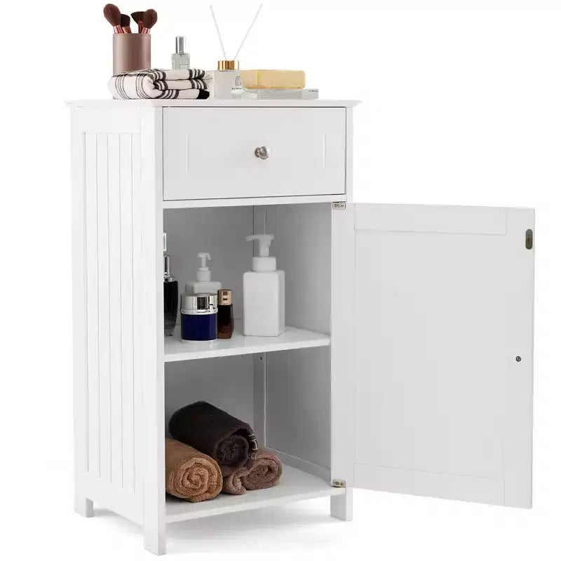 Mobile contenitore da pavimento Costway, organizer per bagno con armadietto e cassetto, mensola per asciugamani, bianco/grigio/nero