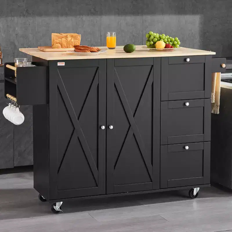 Carrello da cucina VEVOR, carrello mobile in legno da 56" con armadietto, tavolo su ruote con anta a ribalta, portaspezie, portasciugamani, ripiano regolabile