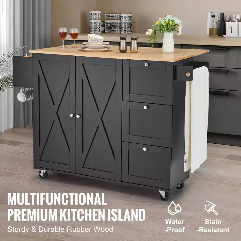 Carrello da cucina VEVOR, carrello mobile in legno da 56" con armadietto, tavolo su ruote con anta a ribalta, portaspezie, portasciugamani, ripiano regolabile