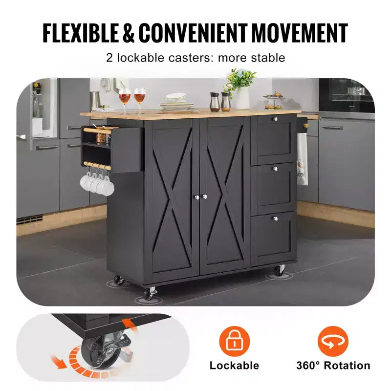 Carrello da cucina VEVOR, carrello mobile in legno da 56" con armadietto, tavolo su ruote con anta a ribalta, portaspezie, portasciugamani, ripiano regolabile