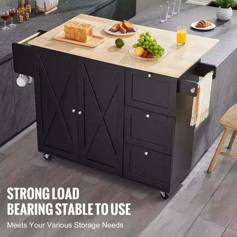 Carrello da cucina VEVOR, carrello mobile in legno da 56" con armadietto, tavolo su ruote con anta a ribalta, portaspezie, portasciugamani, ripiano regolabile