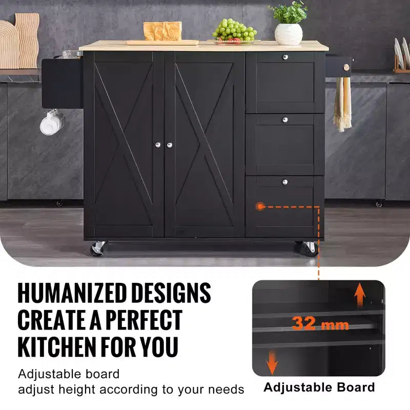 Carrello da cucina VEVOR, carrello mobile in legno da 56" con armadietto, tavolo su ruote con anta a ribalta, portaspezie, portasciugamani, ripiano regolabile