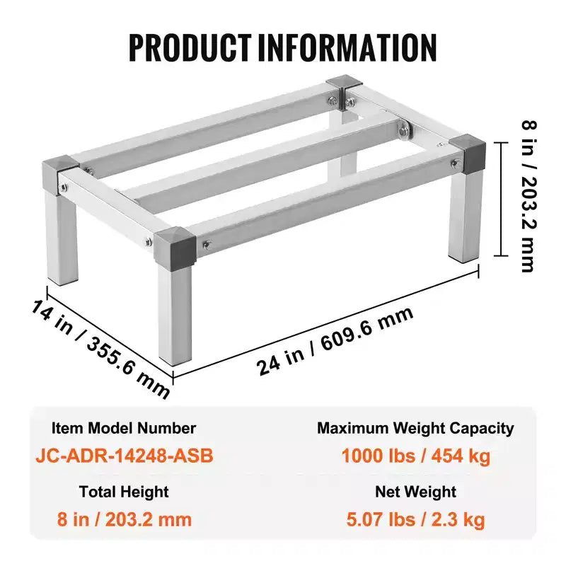 VEVOR Scaffale in Alluminio per Pallet, 61 x 35,5 cm, Scaffale Commerciale per Alimenti da Pavimento, 20 cm da Terra, Capacità di 450 kg, Scaffale Regolabile in Alluminio