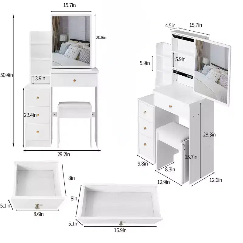 Okak Set Tavolo da Trucco e Sedia con Sgabello Imbottito, Toeletta Compatta da 29,2 Pollici con Specchio LED Scorrevole a Sfioramento, Bianco