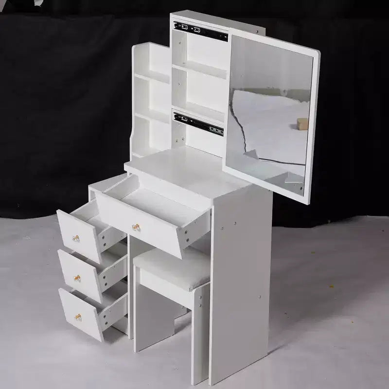 Okak Set Tavolo da Trucco e Sedia con Sgabello Imbottito, Toeletta Compatta da 29,2 Pollici con Specchio LED Scorrevole a Sfioramento, Bianco