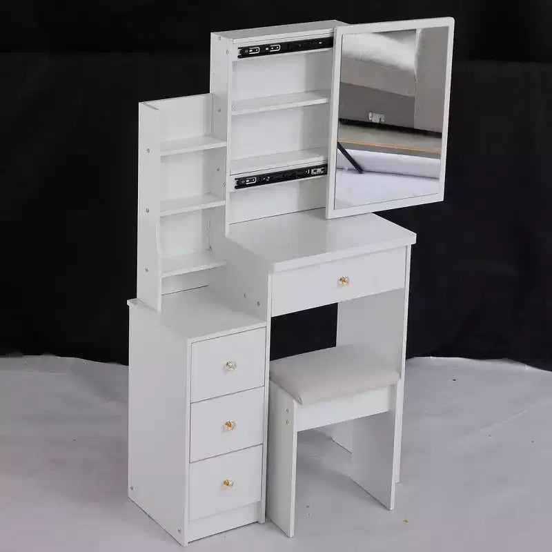 Okak Set Tavolo da Trucco e Sedia con Sgabello Imbottito, Toeletta Compatta da 29,2 Pollici con Specchio LED Scorrevole a Sfioramento, Bianco