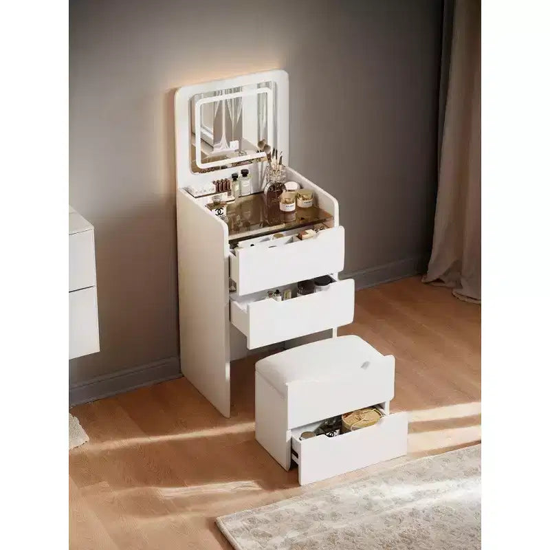 Okak 18.9 Set Tavolo da Trucco 3 in 1 con Specchio a Ribalta e Sgabello, Mobile Trucco Compatto con Piano in Vetro a Vista e 3 Cassetti, Bianco