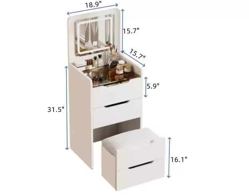 Okak 18.9 Set Tavolo da Trucco 3 in 1 con Specchio a Ribalta e Sgabello, Mobile Trucco Compatto con Piano in Vetro a Vista e 3 Cassetti, Bianco