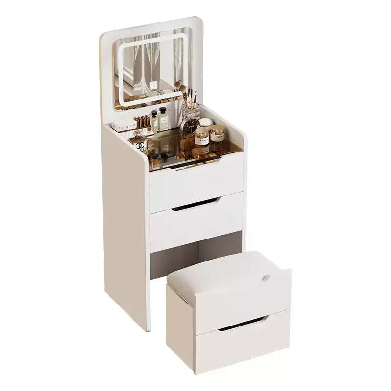 Okak 18.9 Set Tavolo da Trucco 3 in 1 con Specchio a Ribalta e Sgabello, Mobile Trucco Compatto con Piano in Vetro a Vista e 3 Cassetti, Bianco