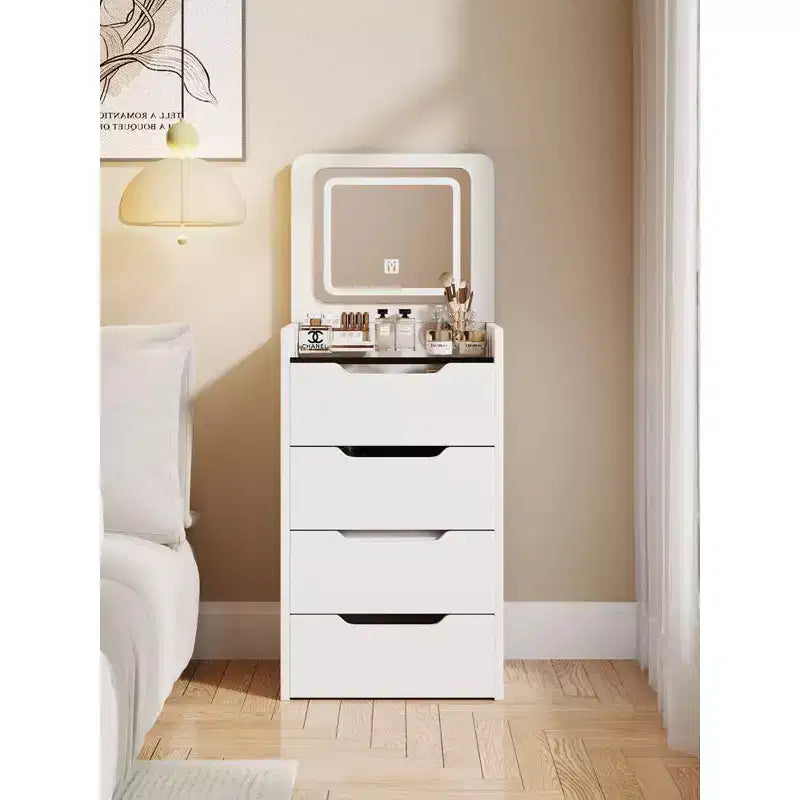 Okak 18.9 Set Tavolo da Trucco 3 in 1 con Specchio a Ribalta e Sgabello, Mobile Trucco Compatto con Piano in Vetro a Vista e 3 Cassetti, Bianco
