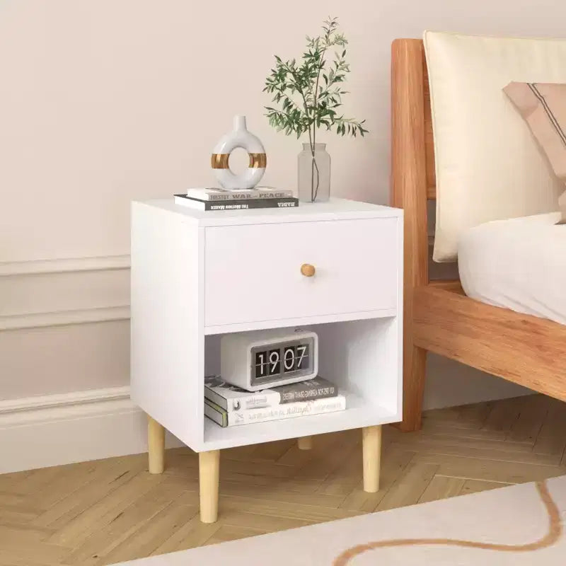 Kids Nightstand Wooden Nightstand End Table Side Table with Drawer&Shelf, White-ModernLuxe