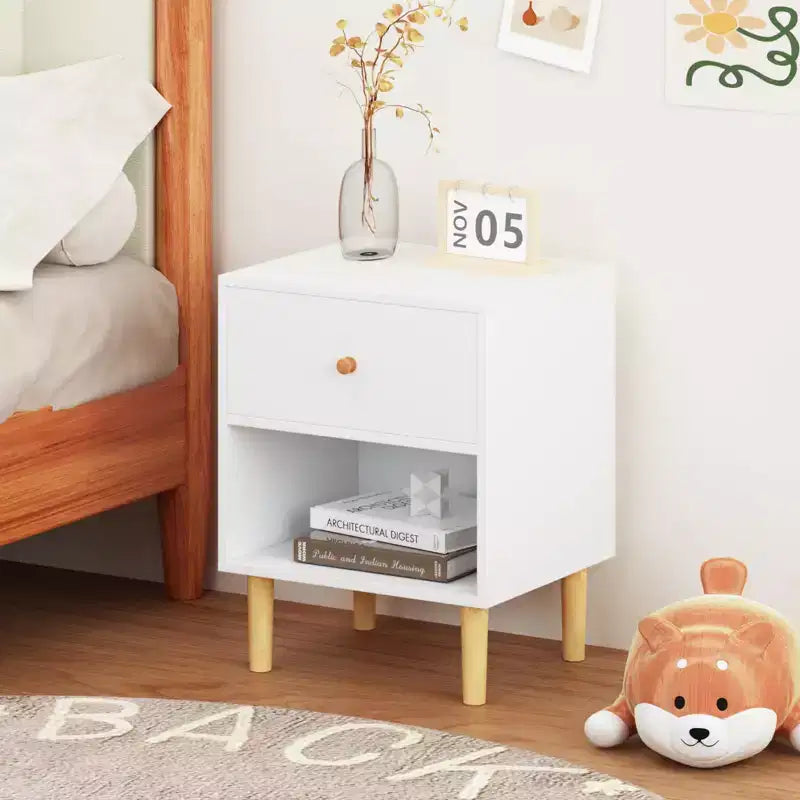 Comodino per bambini Comodino in legno Tavolino con cassetto e ripiano, Bianco-ModernLuxe