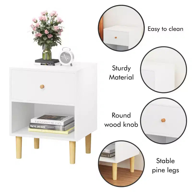 Comodino per bambini Comodino in legno Tavolino con cassetto e ripiano, Bianco-ModernLuxe