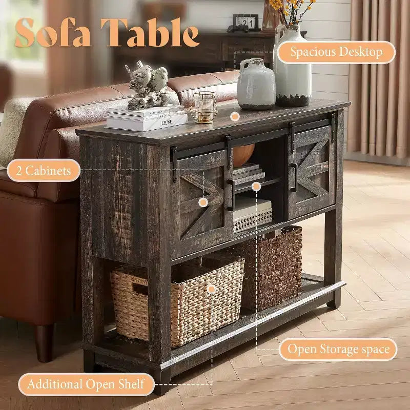 AMERLIFE Tavolo Divano con Ante Scorrevoli a Barn Door, Tavolino Consolle TV, Tavolo Ingresso Rustico da Fattoria da 46 pollici con Vano Contenitore