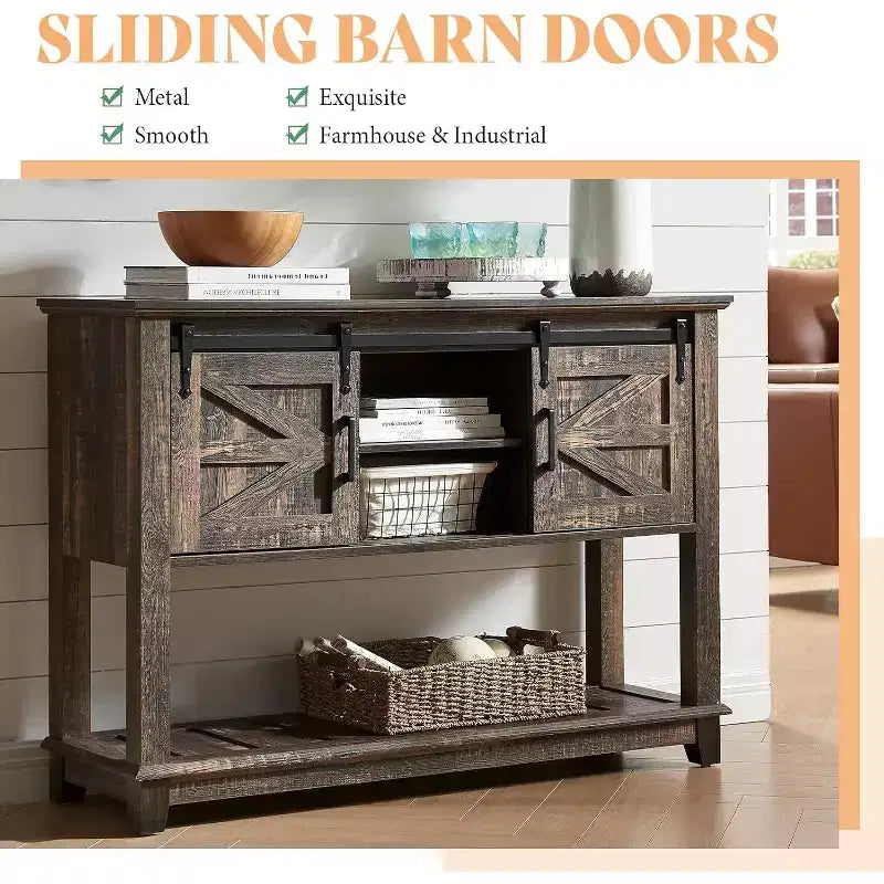 AMERLIFE Tavolo Divano con Ante Scorrevoli a Barn Door, Tavolino Consolle TV, Tavolo Ingresso Rustico da Fattoria da 46 pollici con Vano Contenitore