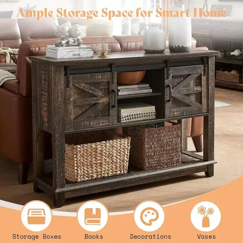 AMERLIFE Tavolo Divano con Ante Scorrevoli a Barn Door, Tavolino Consolle TV, Tavolo Ingresso Rustico da Fattoria da 46 pollici con Vano Contenitore