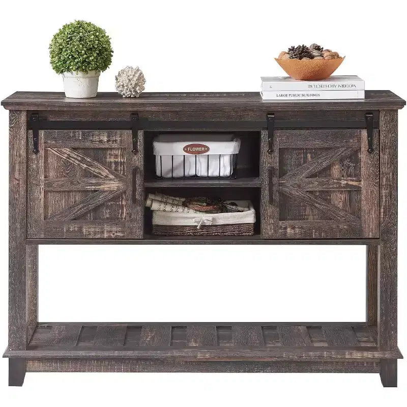 AMERLIFE Tavolo Divano con Ante Scorrevoli a Barn Door, Tavolino Consolle TV, Tavolo Ingresso Rustico da Fattoria da 46 pollici con Vano Contenitore