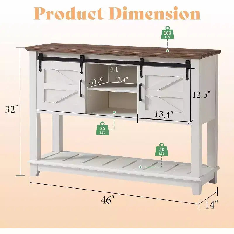 AMERLIFE Tavolo Divano con Ante Scorrevoli a Barn Door, Tavolino Consolle TV, Tavolo Ingresso Rustico da Fattoria da 46 pollici con Vano Contenitore