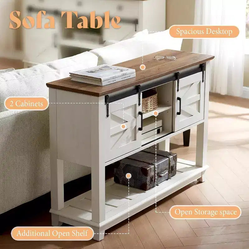 AMERLIFE Tavolo Divano con Ante Scorrevoli a Barn Door, Tavolino Consolle TV, Tavolo Ingresso Rustico da Fattoria da 46 pollici con Vano Contenitore